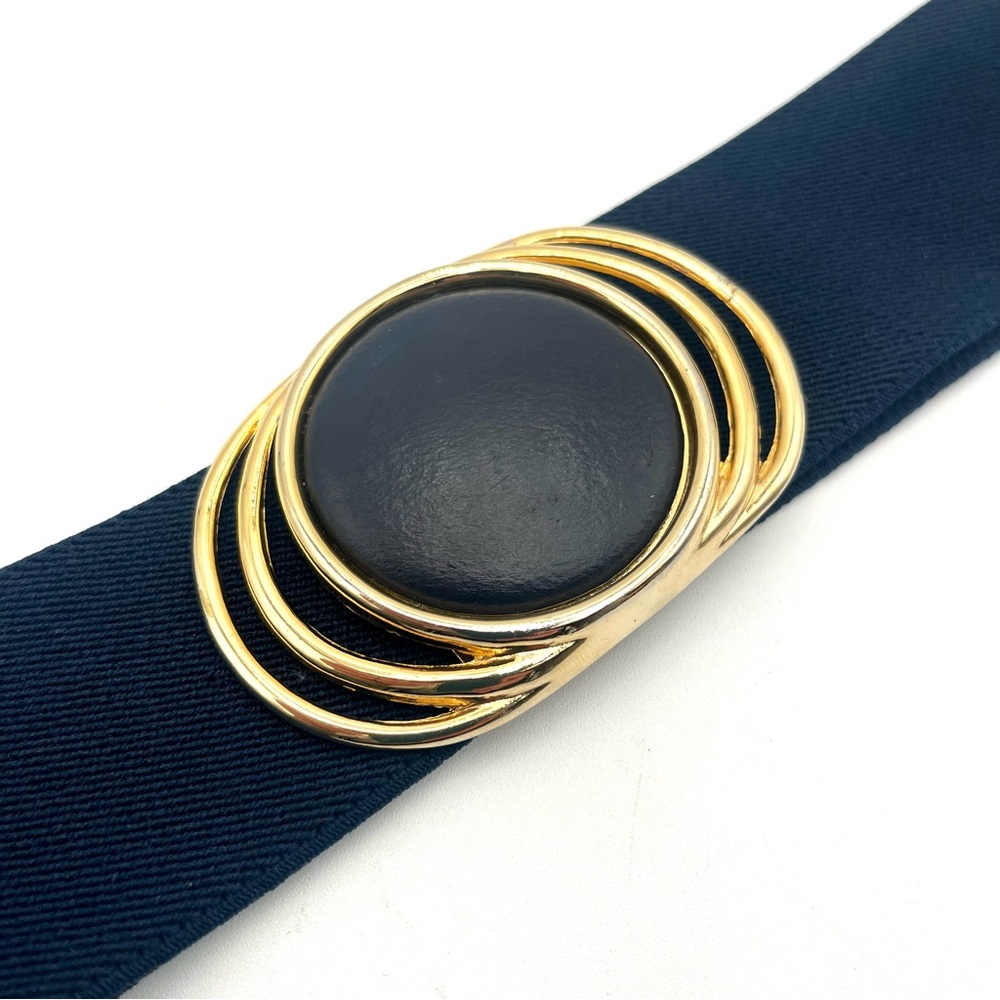 VTG 80s Navy Gold Elastic Stretch Belt Minimalist Faux Leather Enamel Clasp
